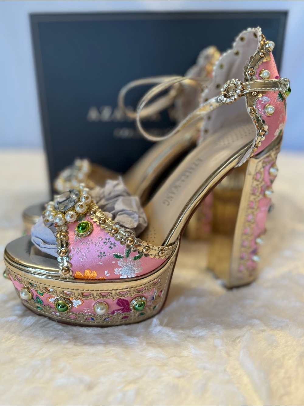 Azalea Wang Aim for the Eyes Women's Pink Embellished Platform Sandals Size 8.0 - Picture 6 of 15